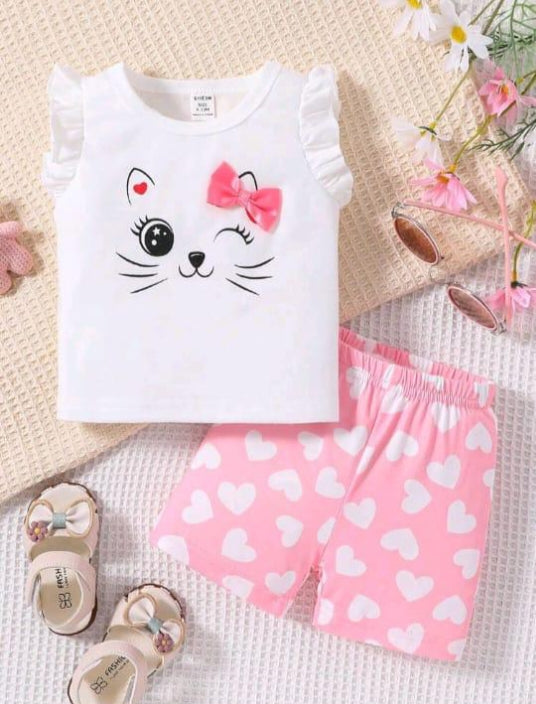 Plush-Nifty Basics - Cat Love in White Pink Contrast with Shorts