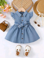 Plush-Basic Denim Frock with Ruffled Sleeves and Belt