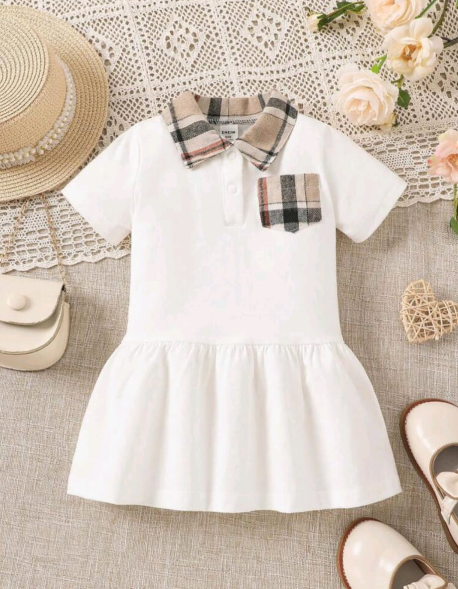 PLUSH-Polo Frock - White with Brown Pocket