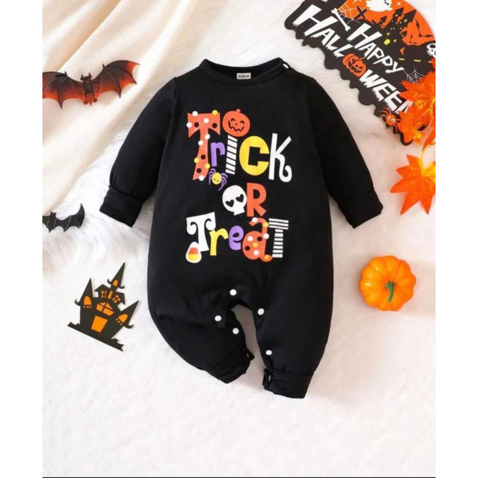 Plush-Printed Rompers - Trick or Treat - Black