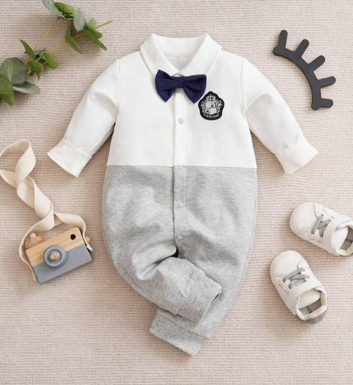 Plush-Polo Romper - White & Grey Contrast with Bowtie