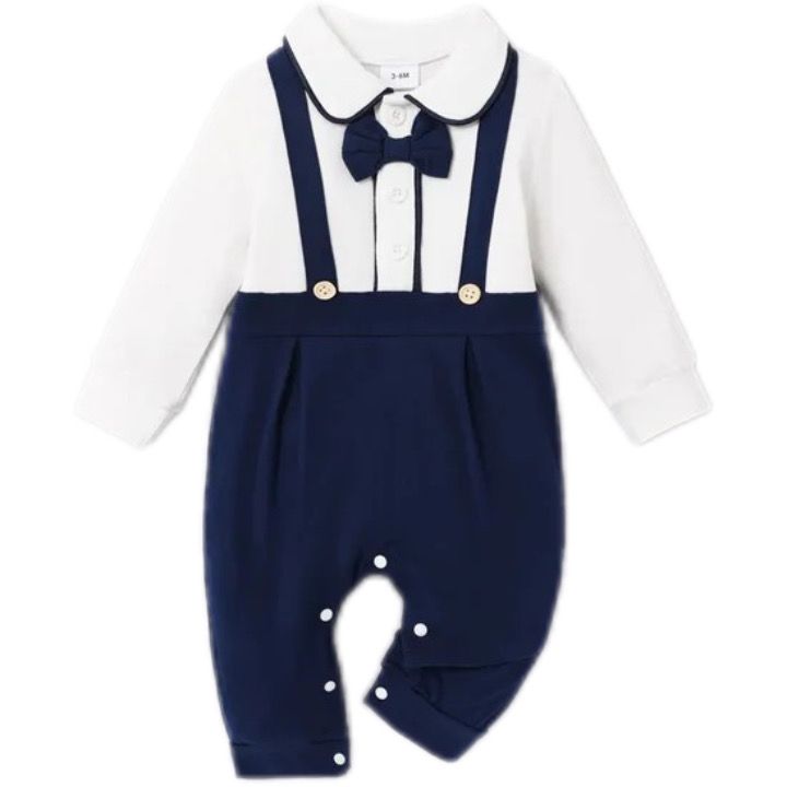 Plush-Polo Romper - White & Blue with Bowtie