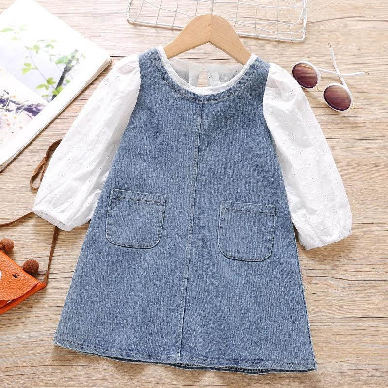 Plush-Denim Round Collar frock with pockets on front