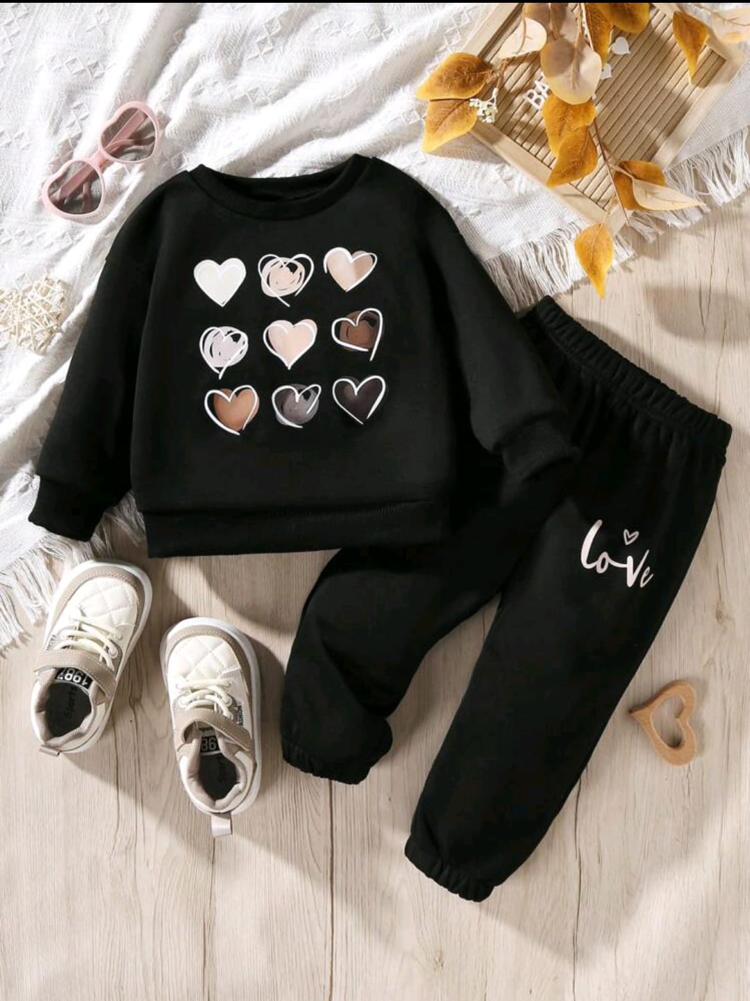 Plush Fleece Shirt & Trouser - Hearts in Black