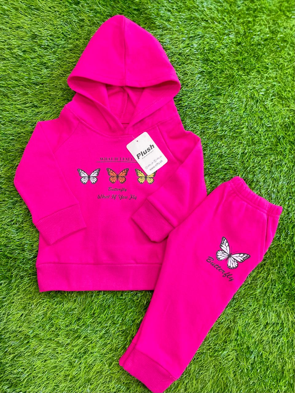 Plush Hoodied Fleece Shirt & Trouser - Butterfly in Pink