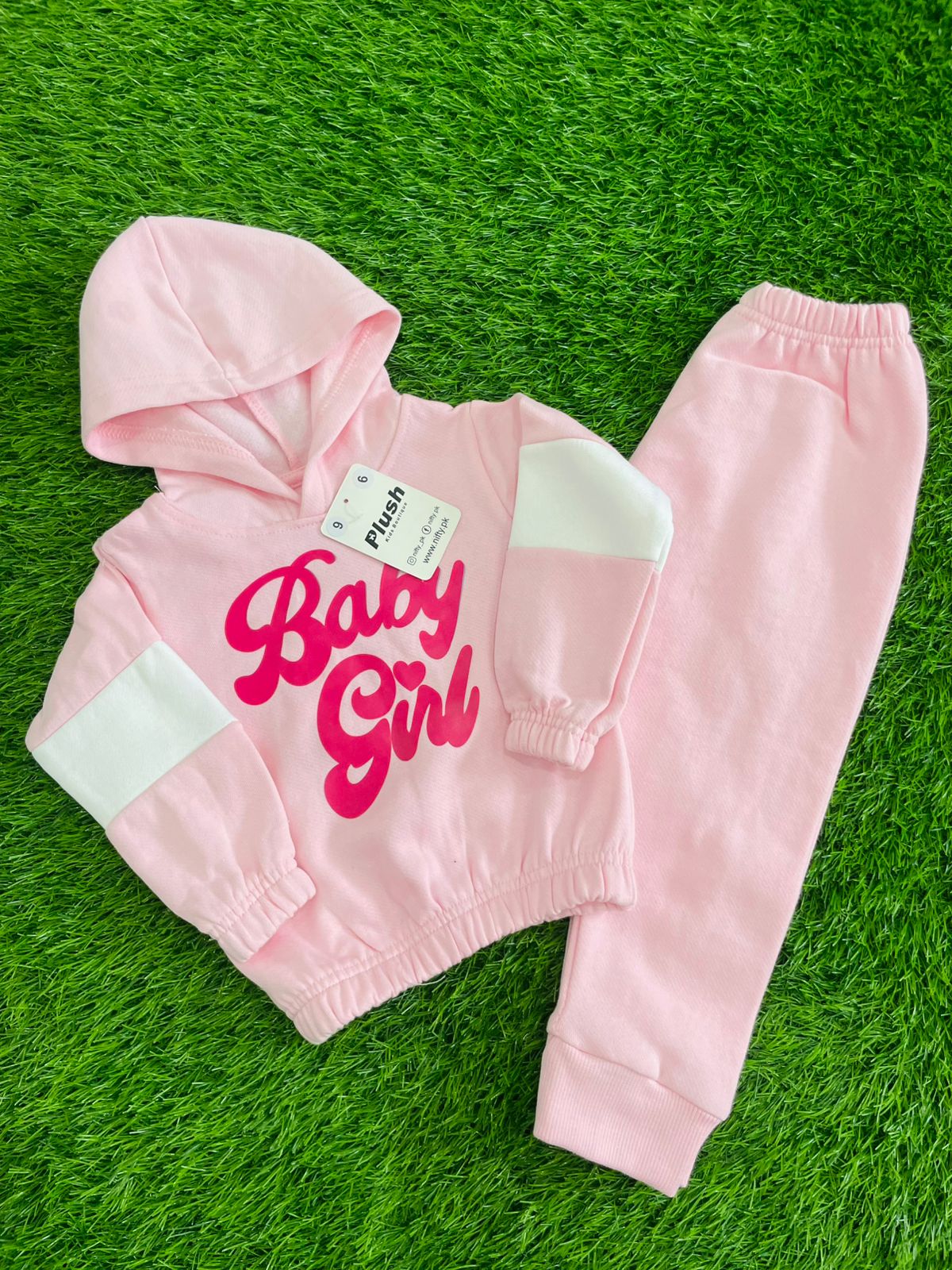 Plush Hoodied Fleece Shirt & Trouser - Baby in Pink contrast