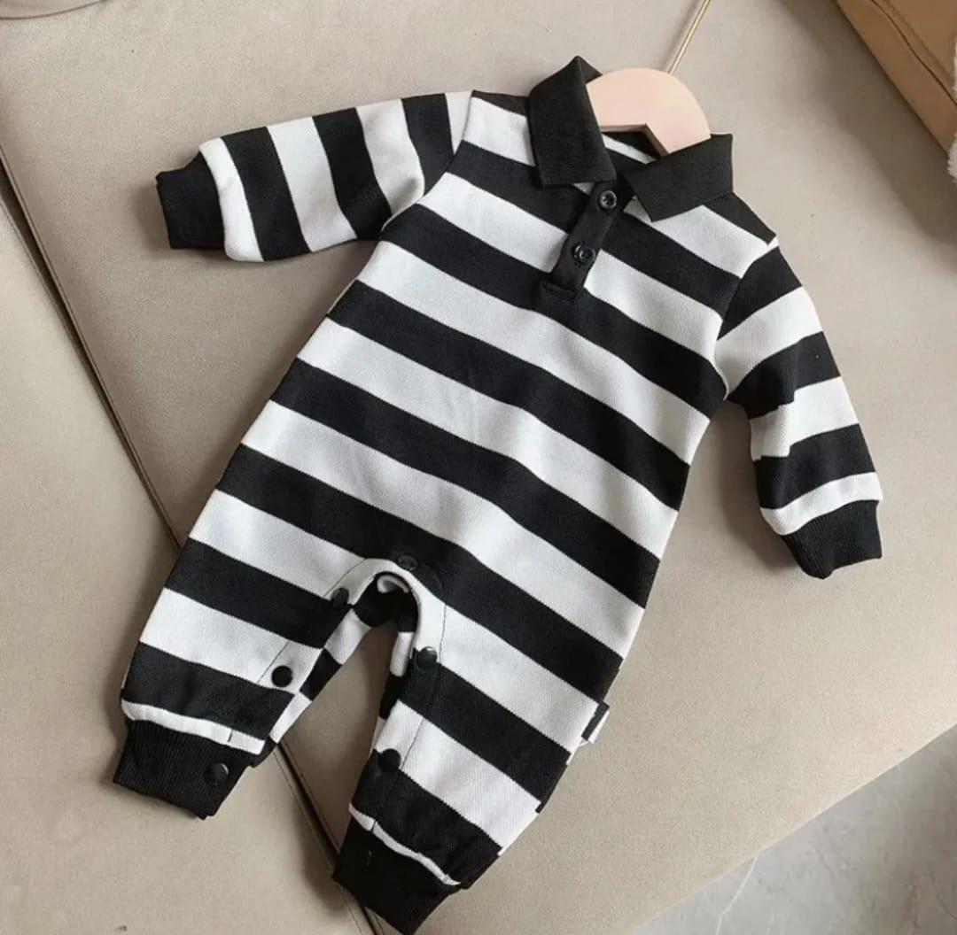 Plush-Polo Romper - Black & White Stripes