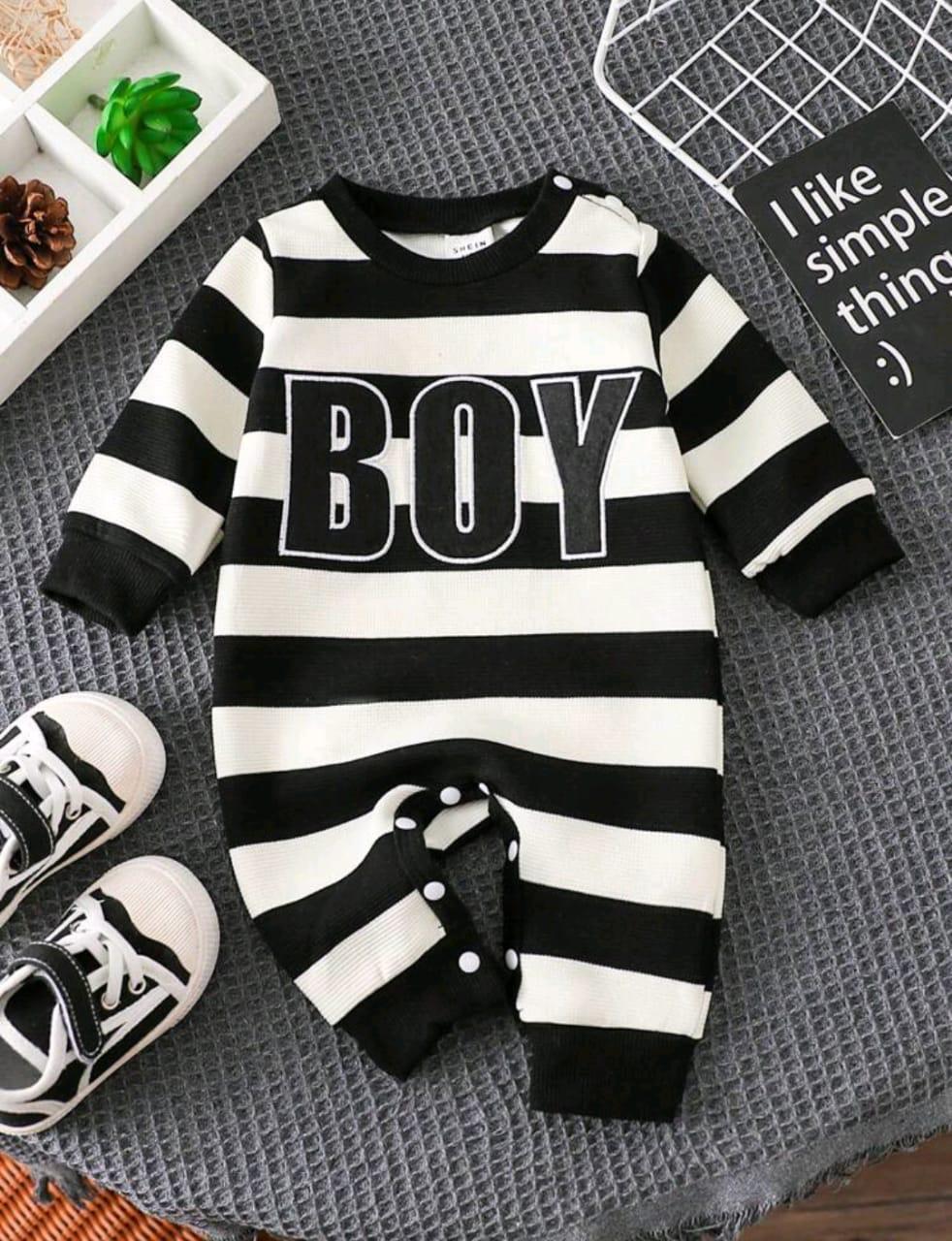 Plush-Printed Romper - Boy in Blue Stripes
