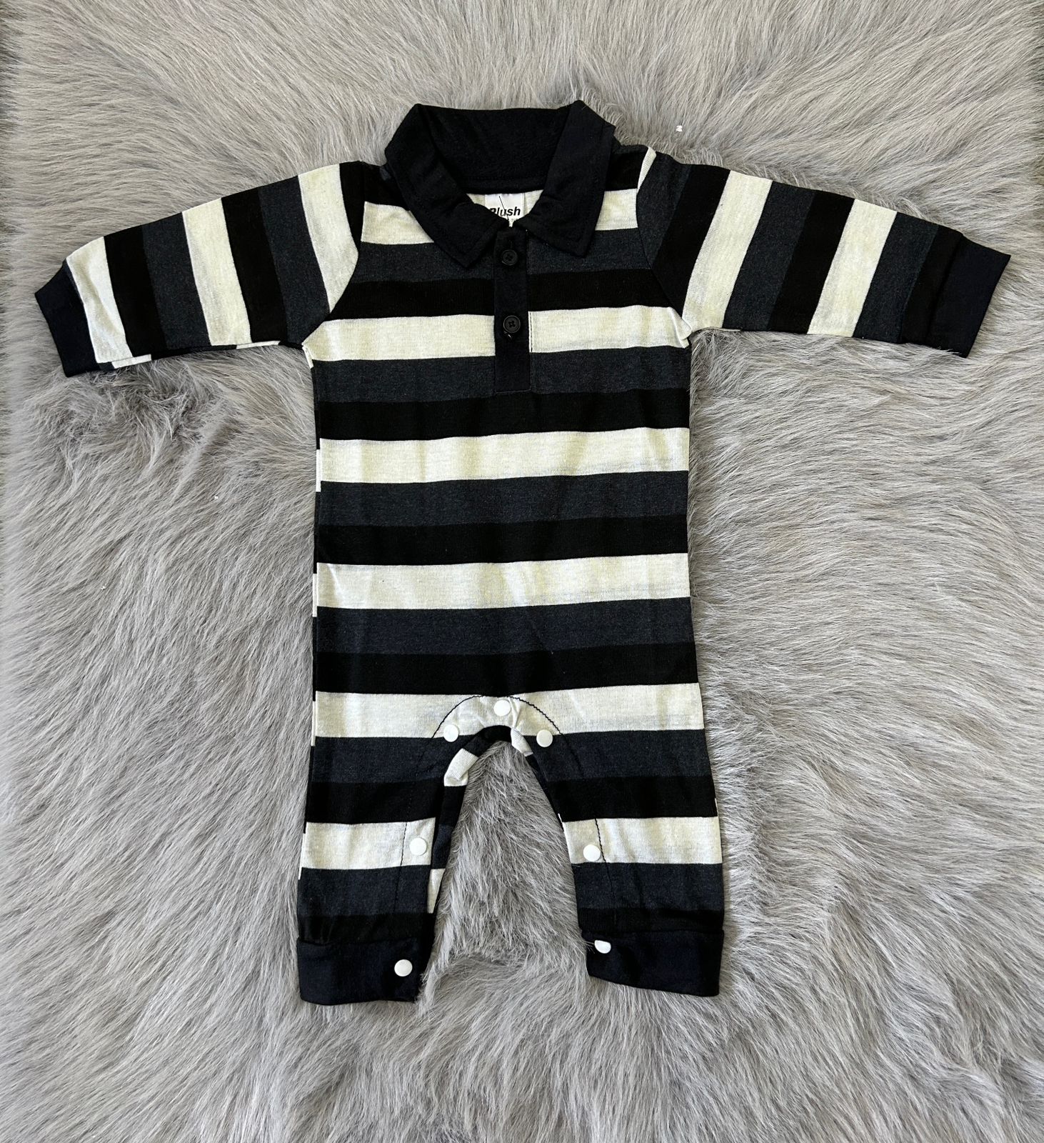 Plush-Polo Romper - Black & White Stripes