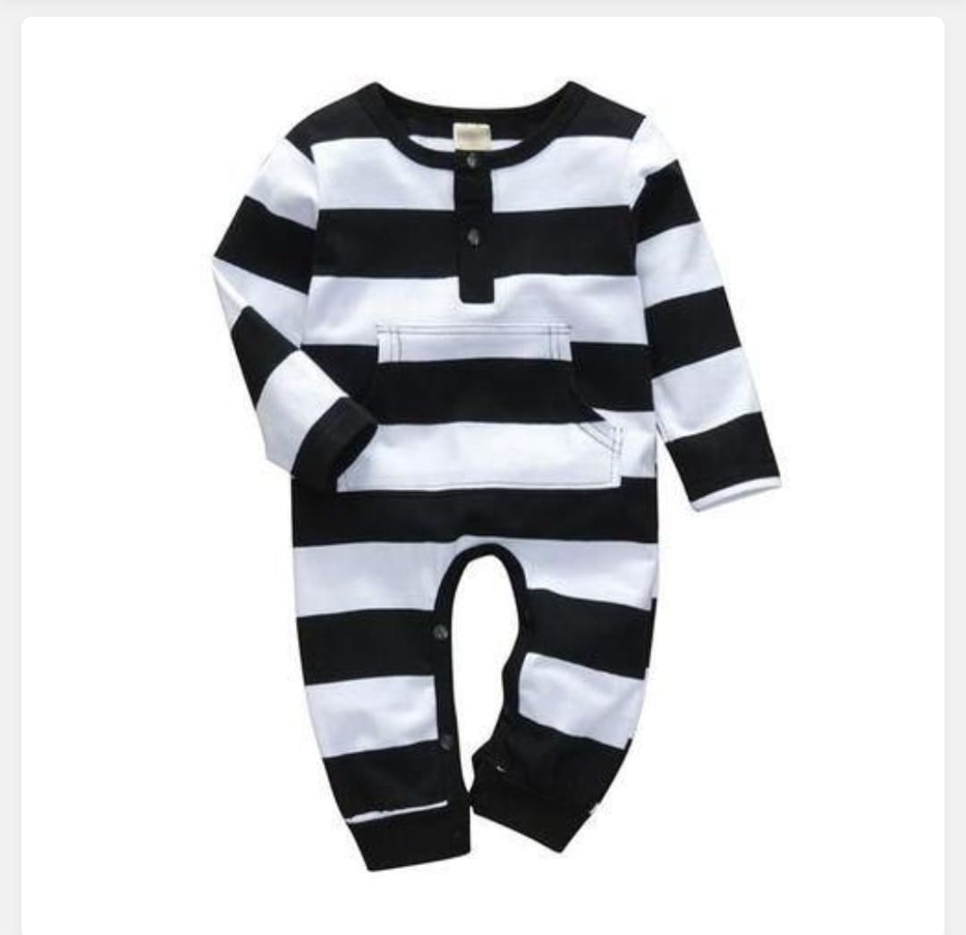 Plush-Printed Romper - Black Stripes with front pocket