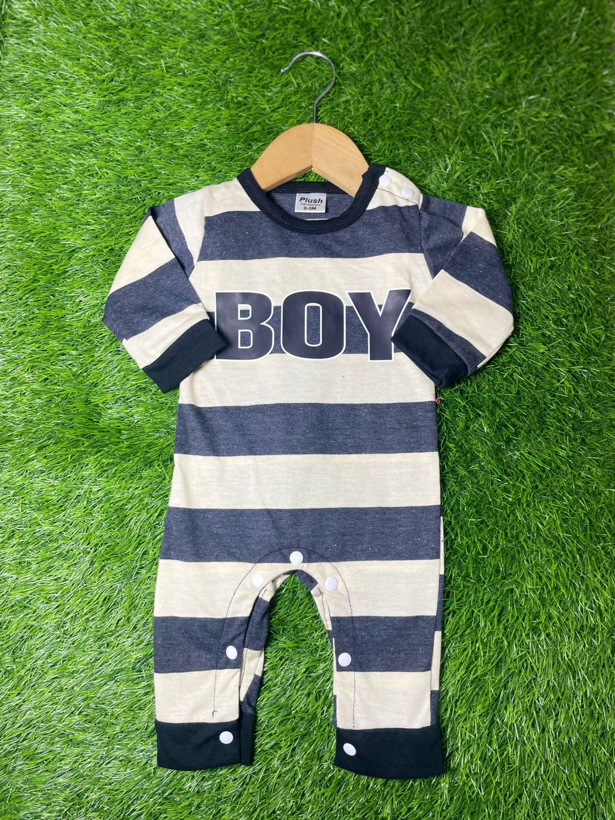 Plush-Printed Romper - Boy in Blue Stripes