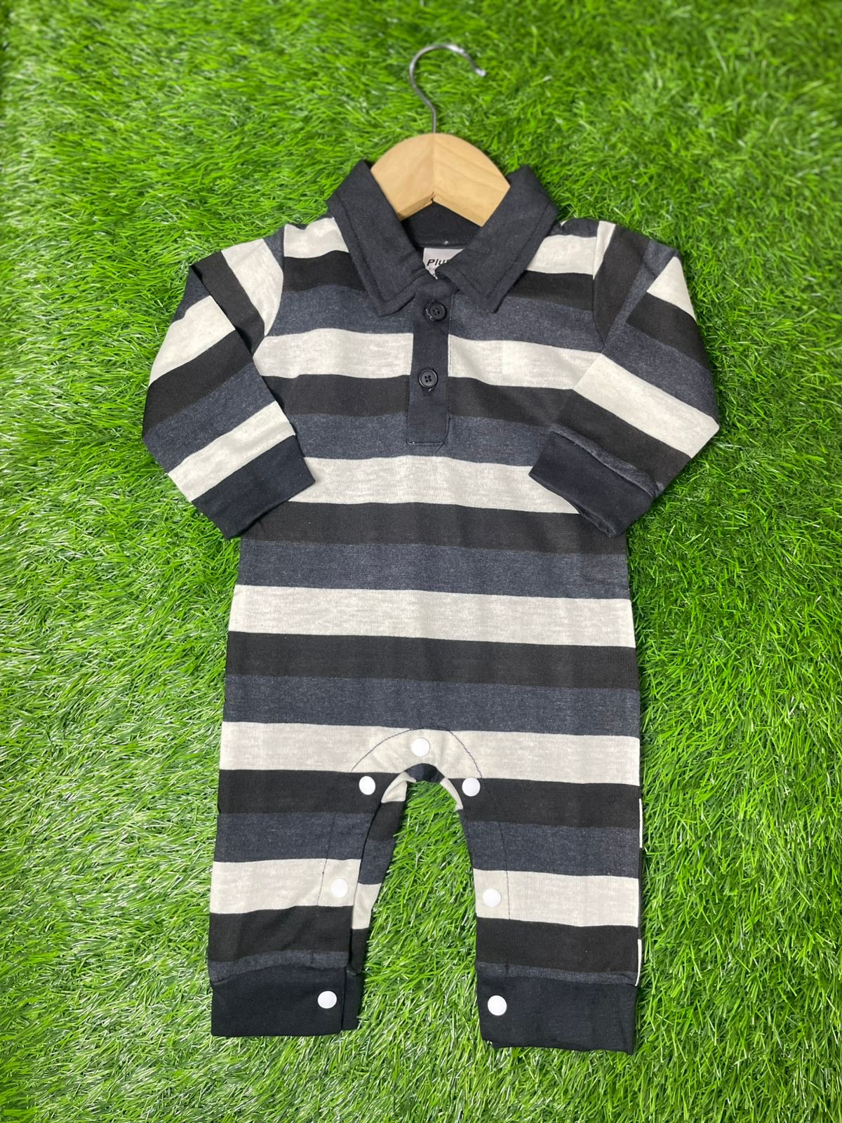 Plush-Polo Romper - Black & White Stripes