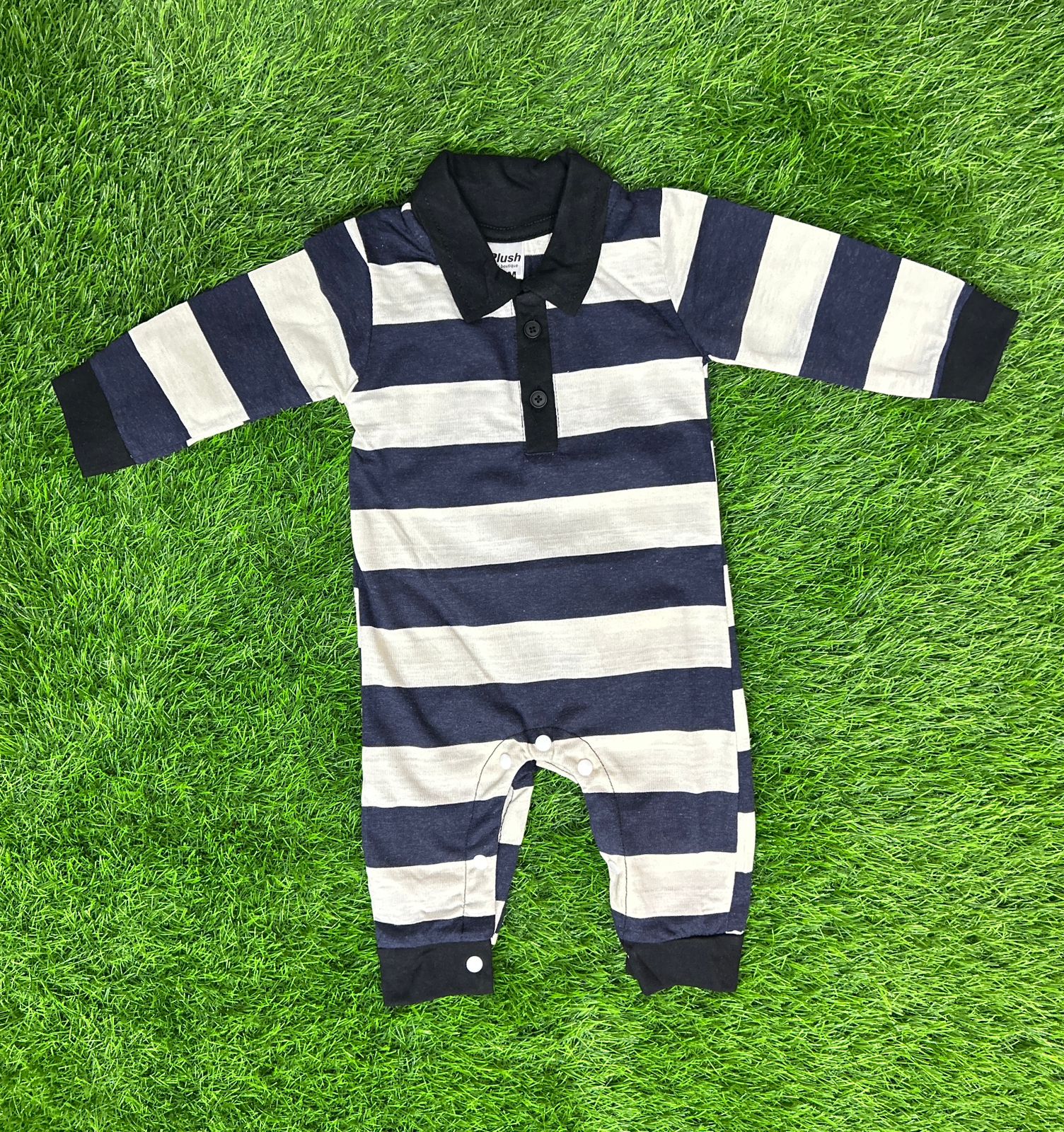 Plush-Polo Romper - Black & Cream Stripes