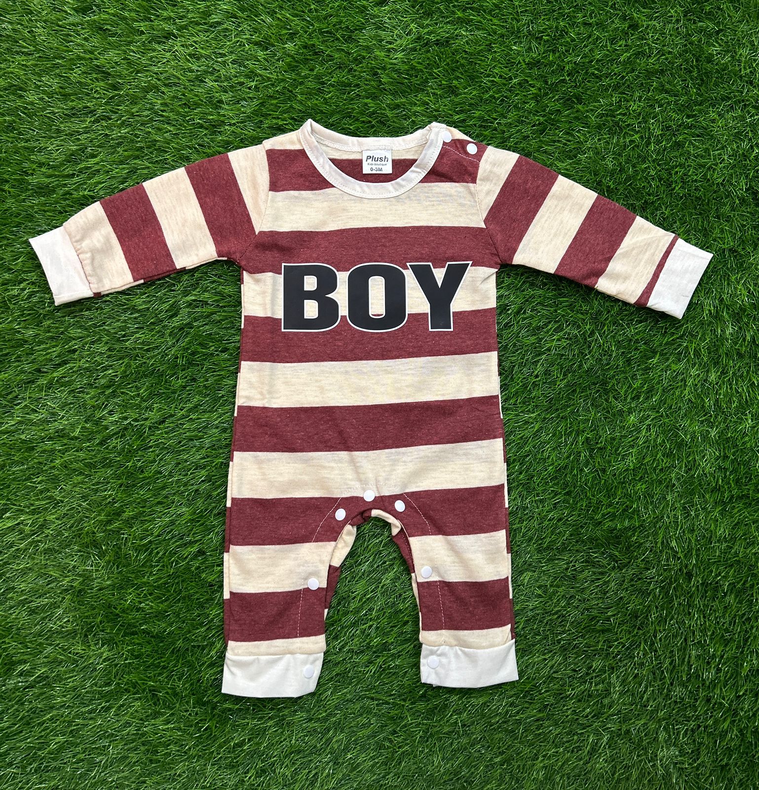 Plush-Printed Romper - Boy in Maroon Stripes