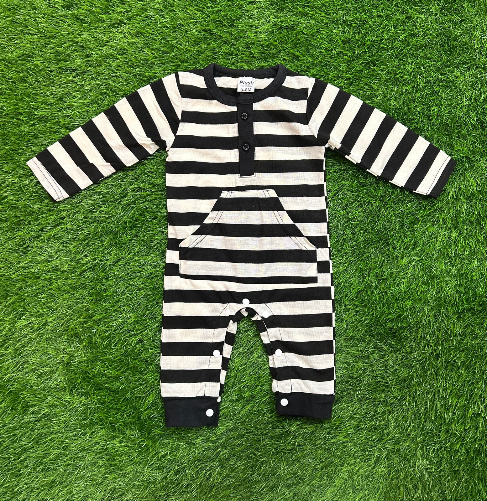 Plush-Printed Romper - Black Stripes with front pocket