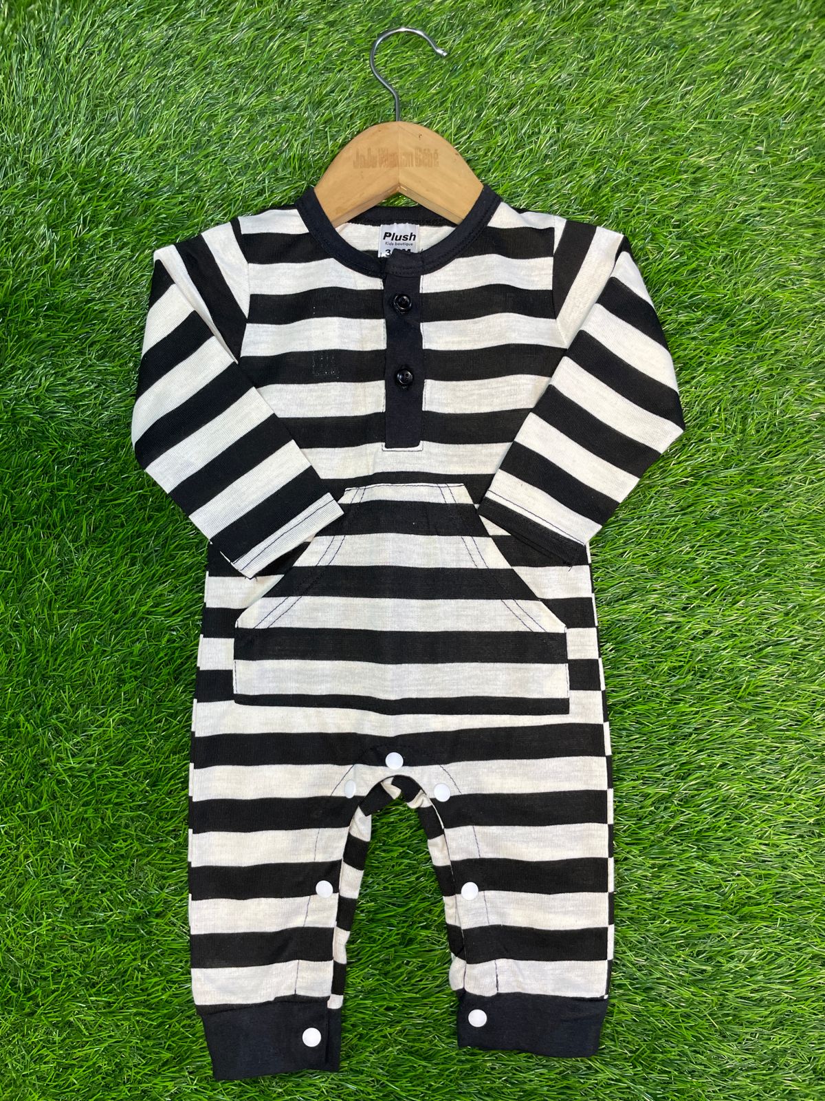 Plush-Printed Romper - Black Stripes with front pocket