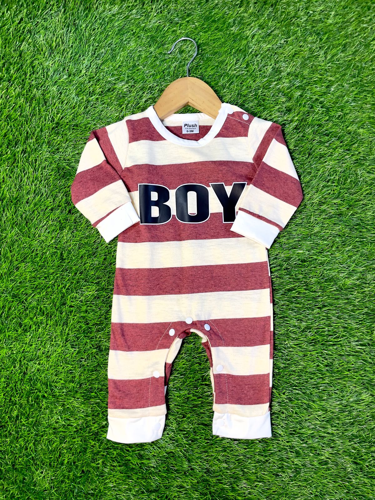 Plush-Printed Romper - Boy in Maroon Stripes