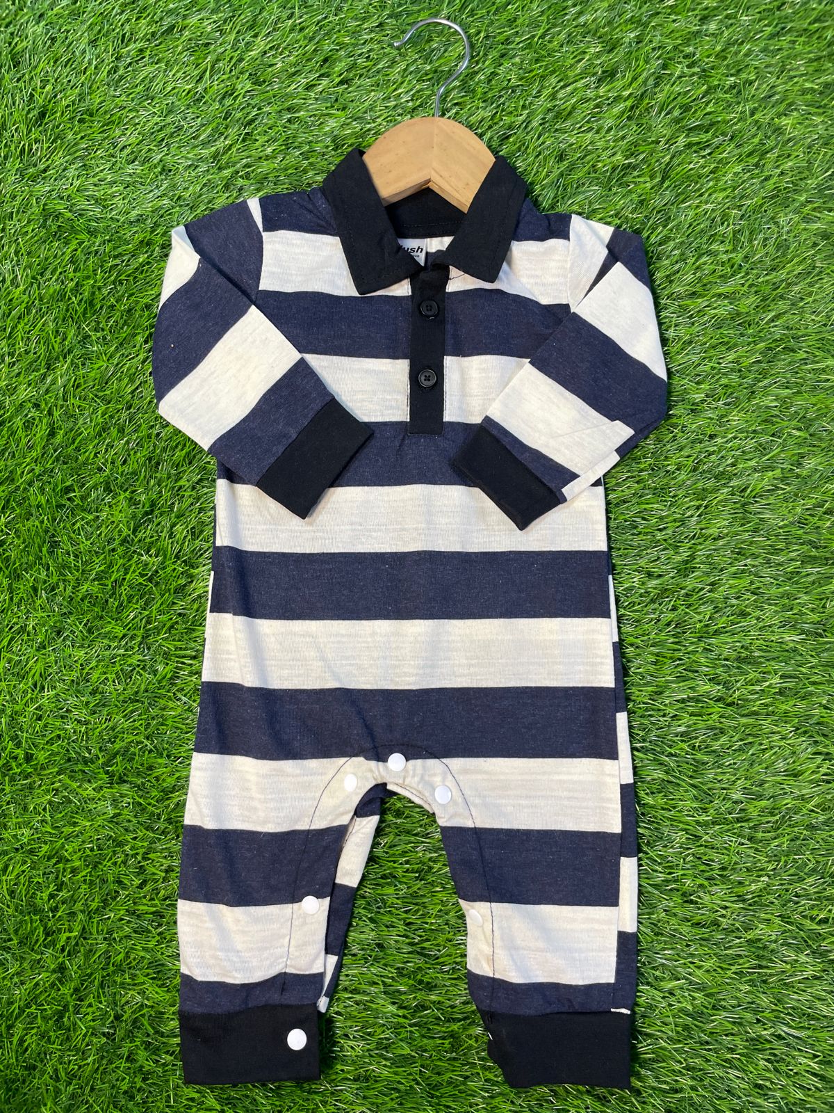 Plush-Polo Romper - Black & Cream Stripes