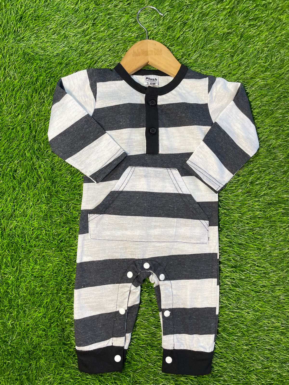 Plush-Printed Romper - Black Stripes with front pocket