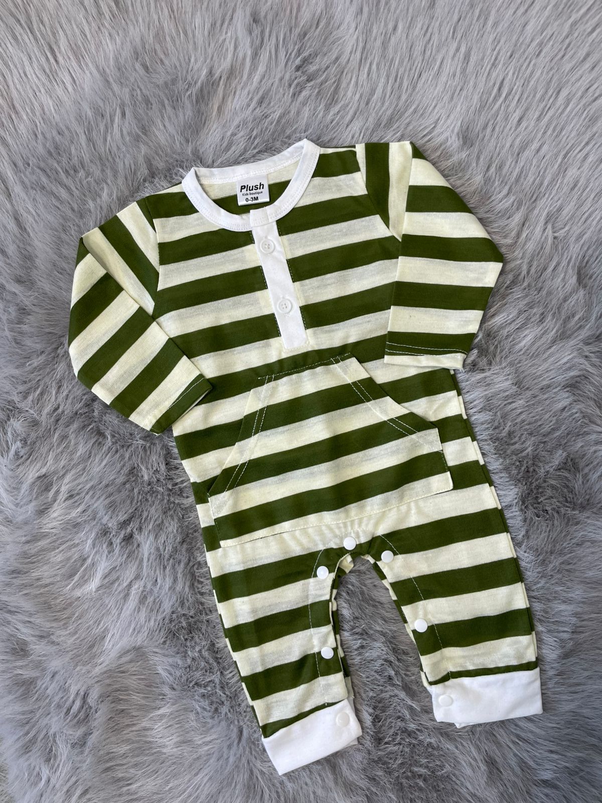 Plush-Printed Rompers - White N Green Stripes