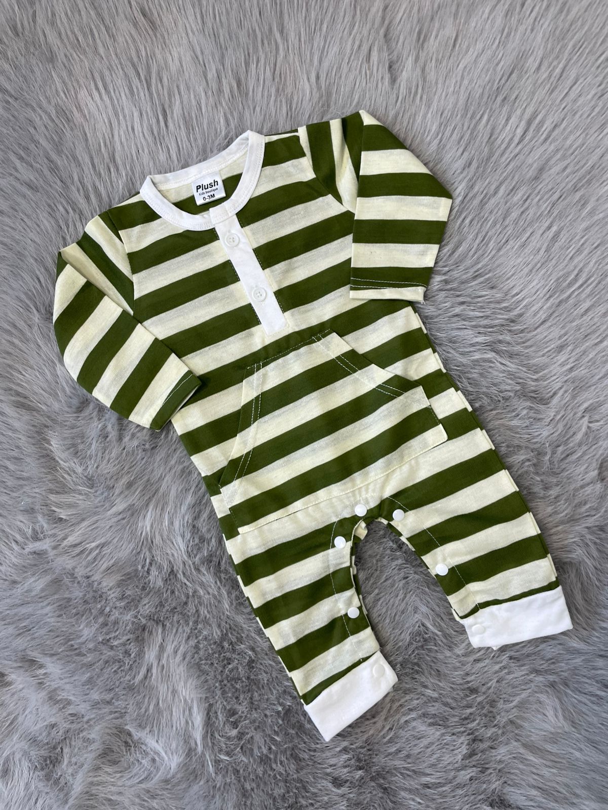 Plush-Printed Rompers - White N Green Stripes