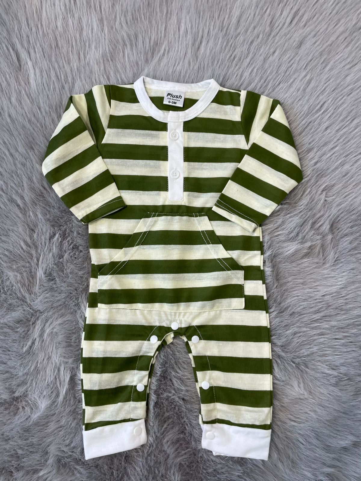 Plush-Printed Rompers - White N Green Stripes