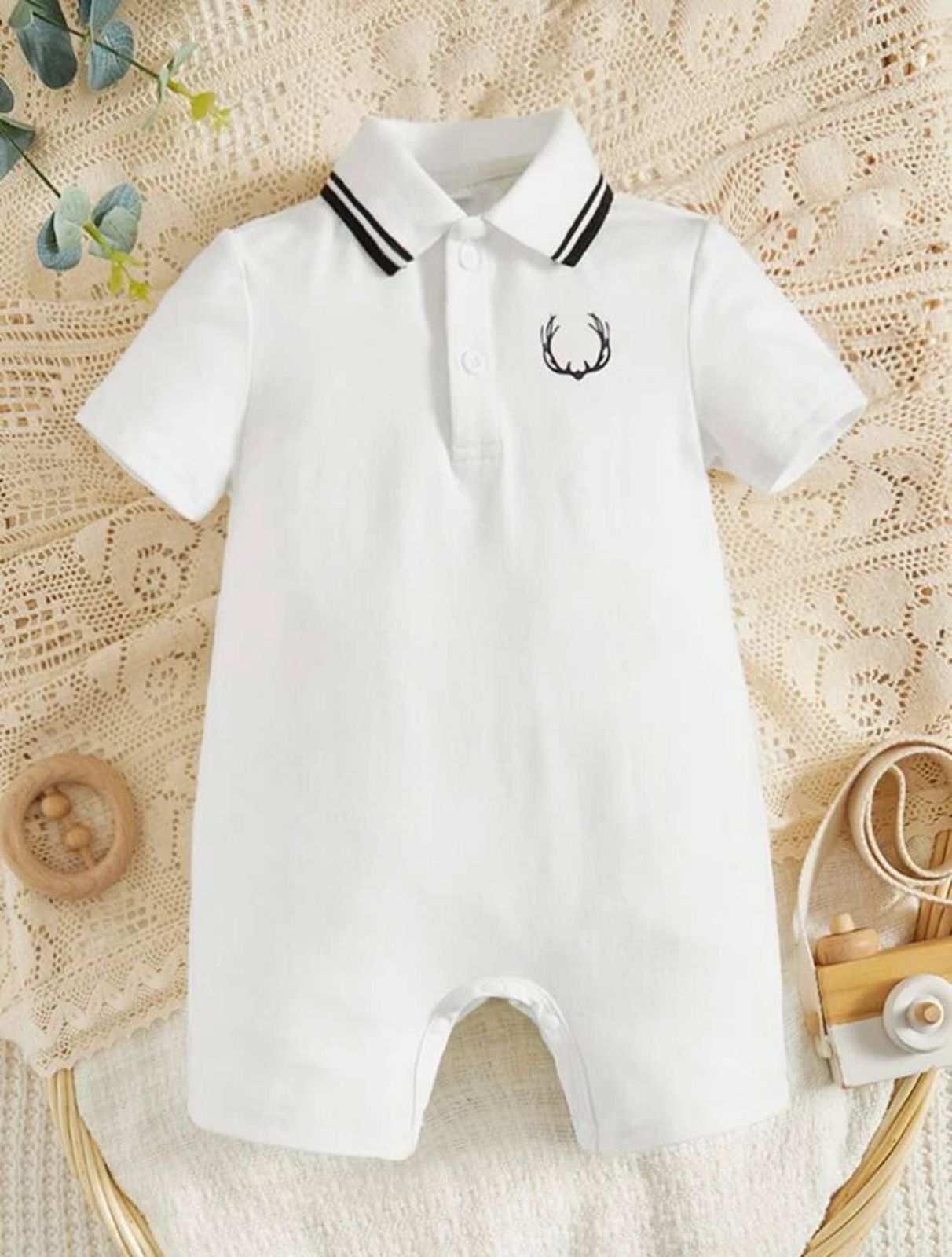 Plush - Polo Romper – White Short Sleeve  with Deer Antler Print
