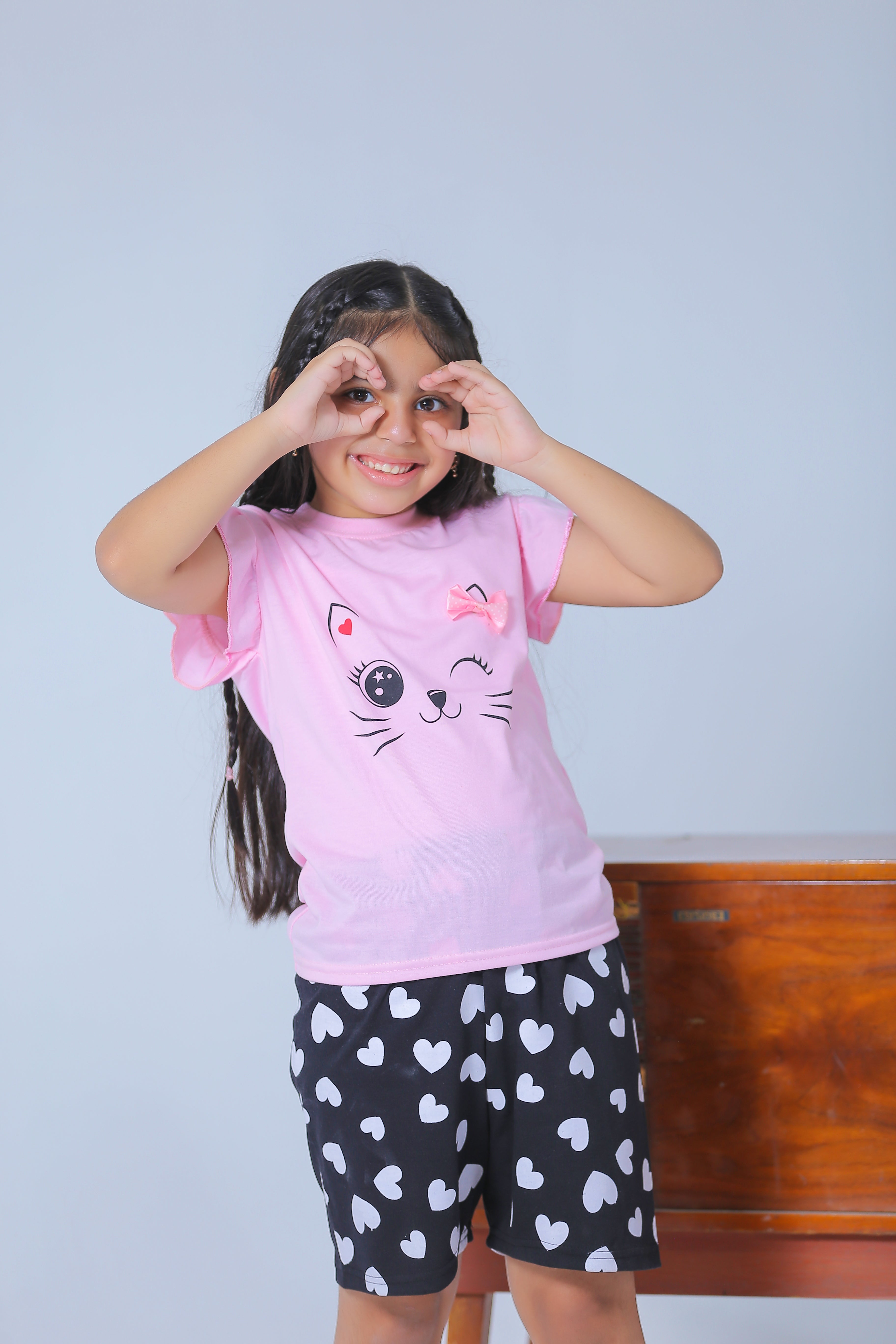 Plush-Nifty Basics - Cat Love in Light Pink Black Contrast with Shorts