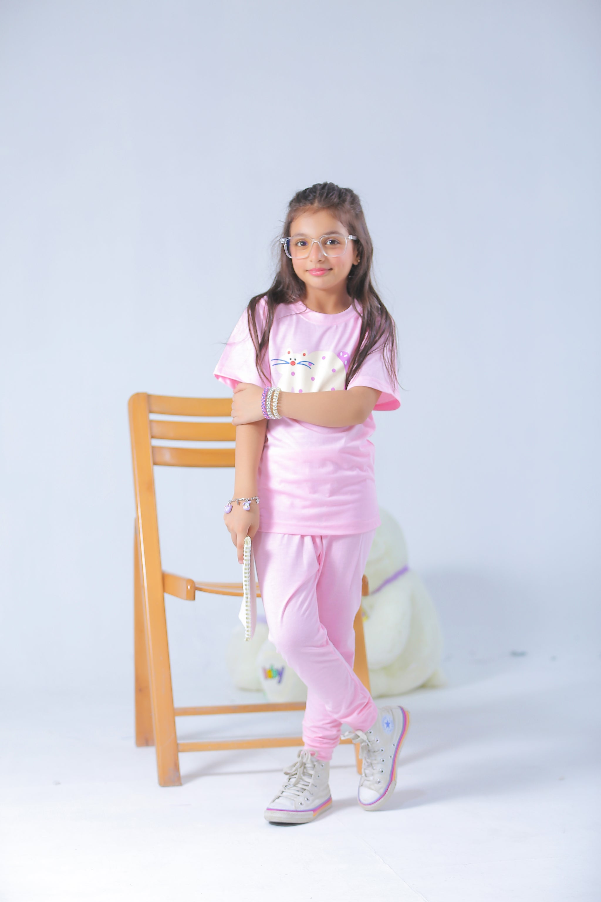 Girls Pink Cat Print T-Shirt & Trouser Set
