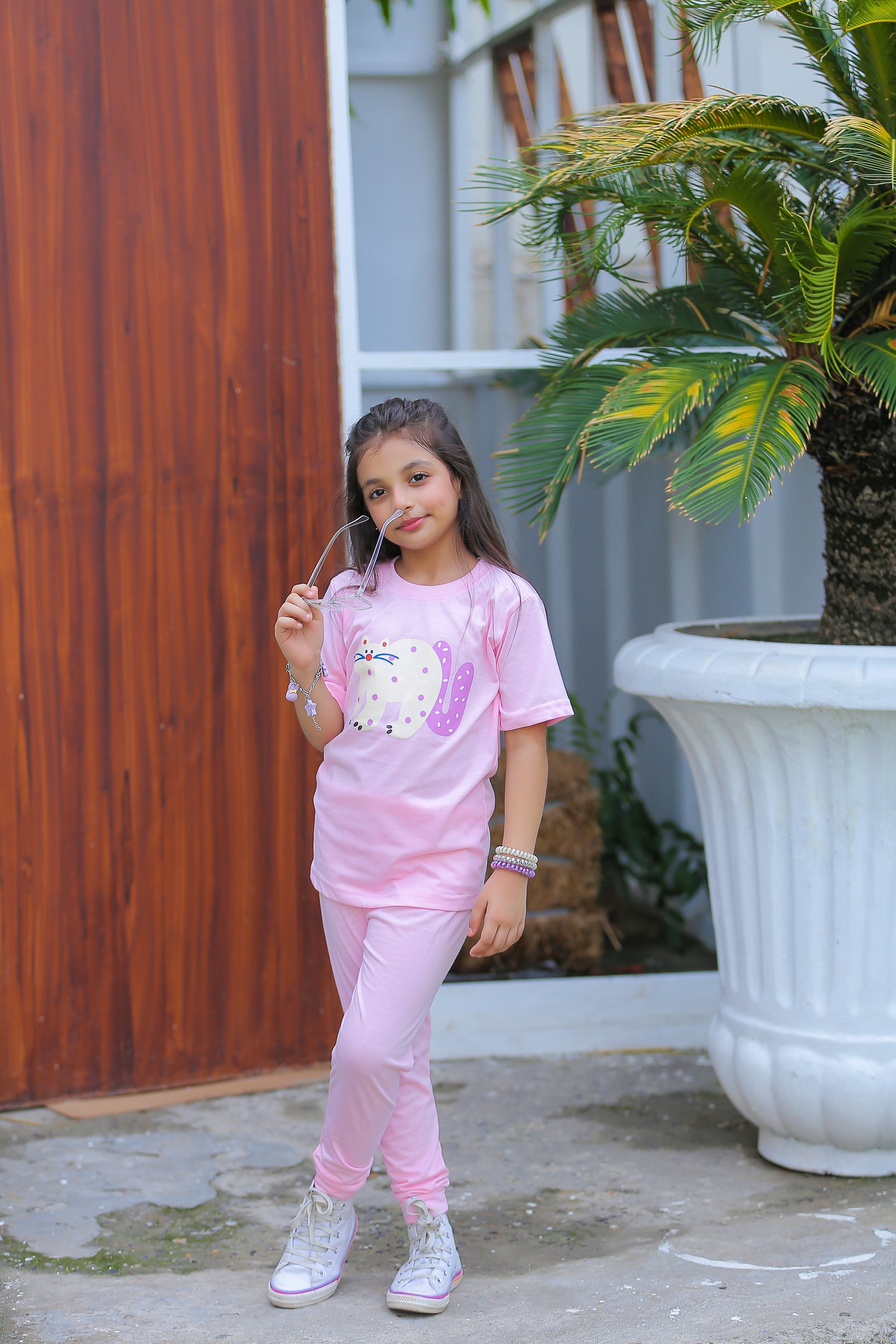 Girls Pink Cat Print T-Shirt & Trouser Set