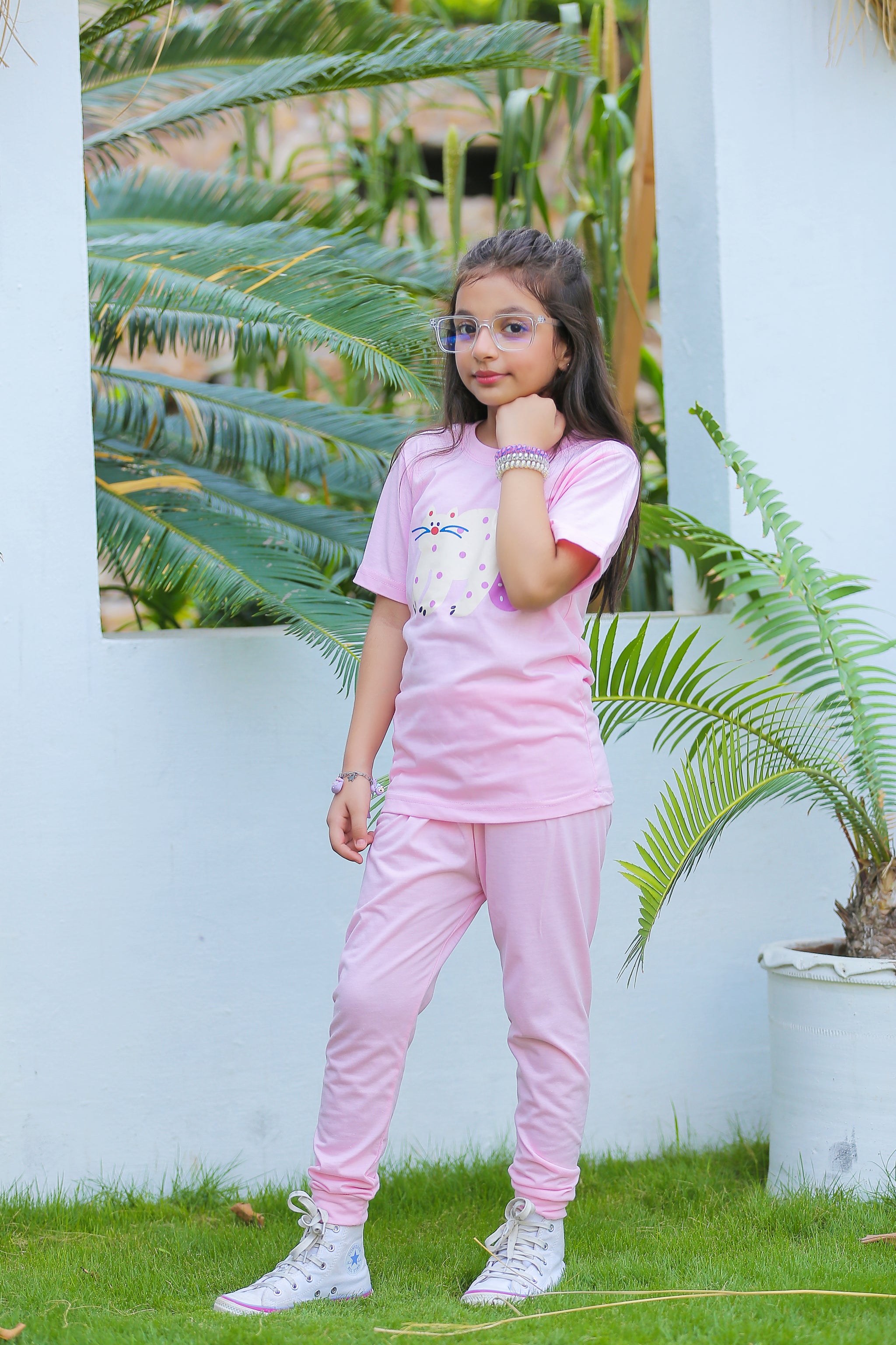 Girls Pink Cat Print T-Shirt & Trouser Set