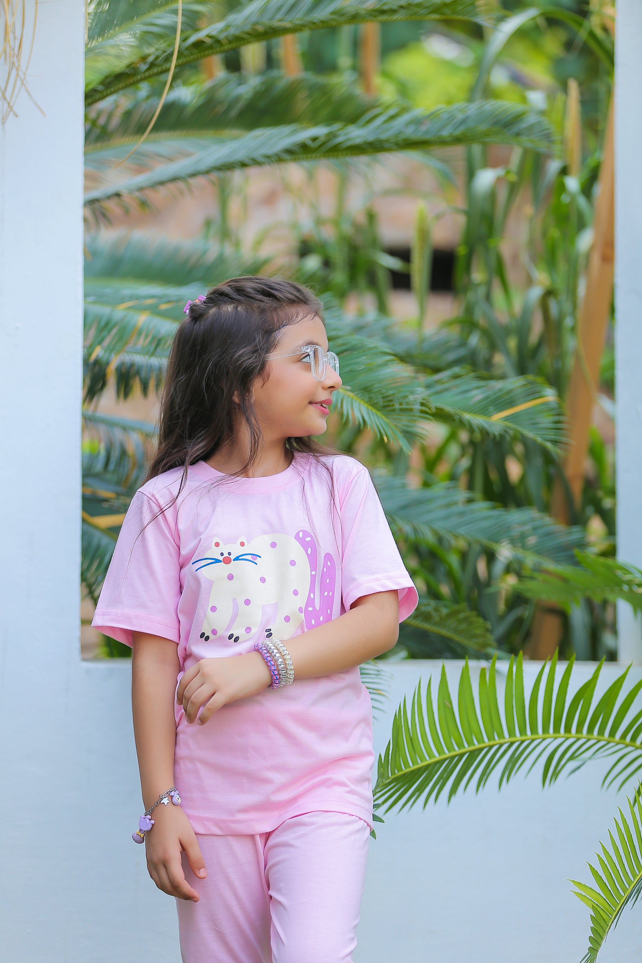 Girls Pink Cat Print T-Shirt & Trouser Set