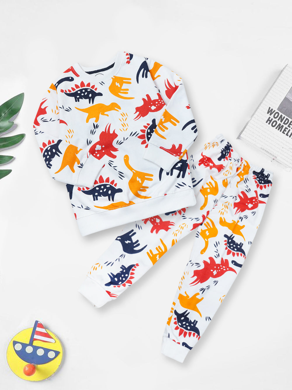 Fleece Shirt & Trouser - Dino World in White