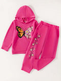 Plush Hoodied Fleece Shirt & Trouser - Pink Butterfly