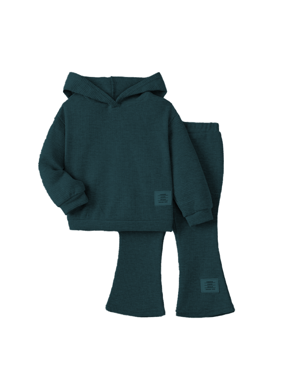 Plush Hoodied Bell Bottom Style Ribbed Knit Basic Set -Dark Green