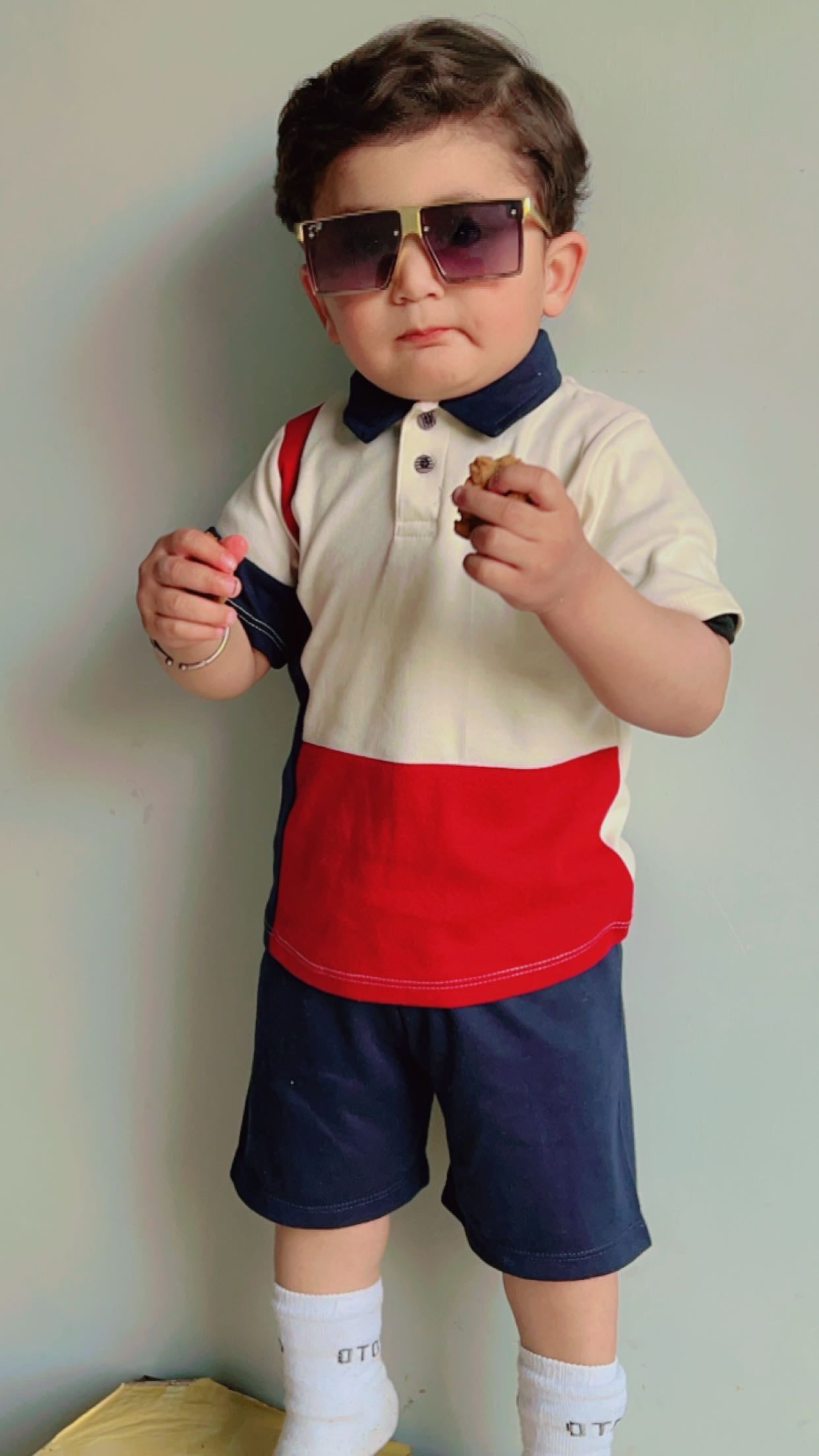 Plush-Baby Plaid Polo Shirt & Shorts-White