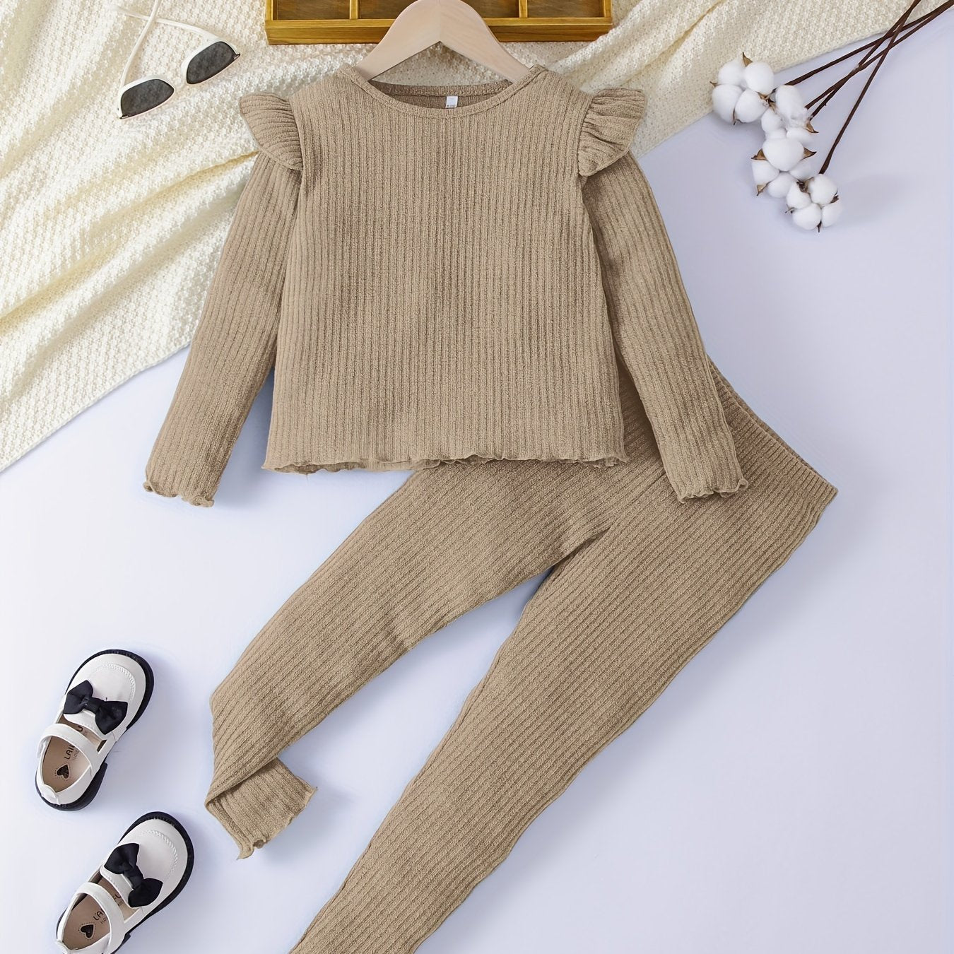 Plush - Shoulder Frill Style Ribbed Knit Basic Set - Caramel