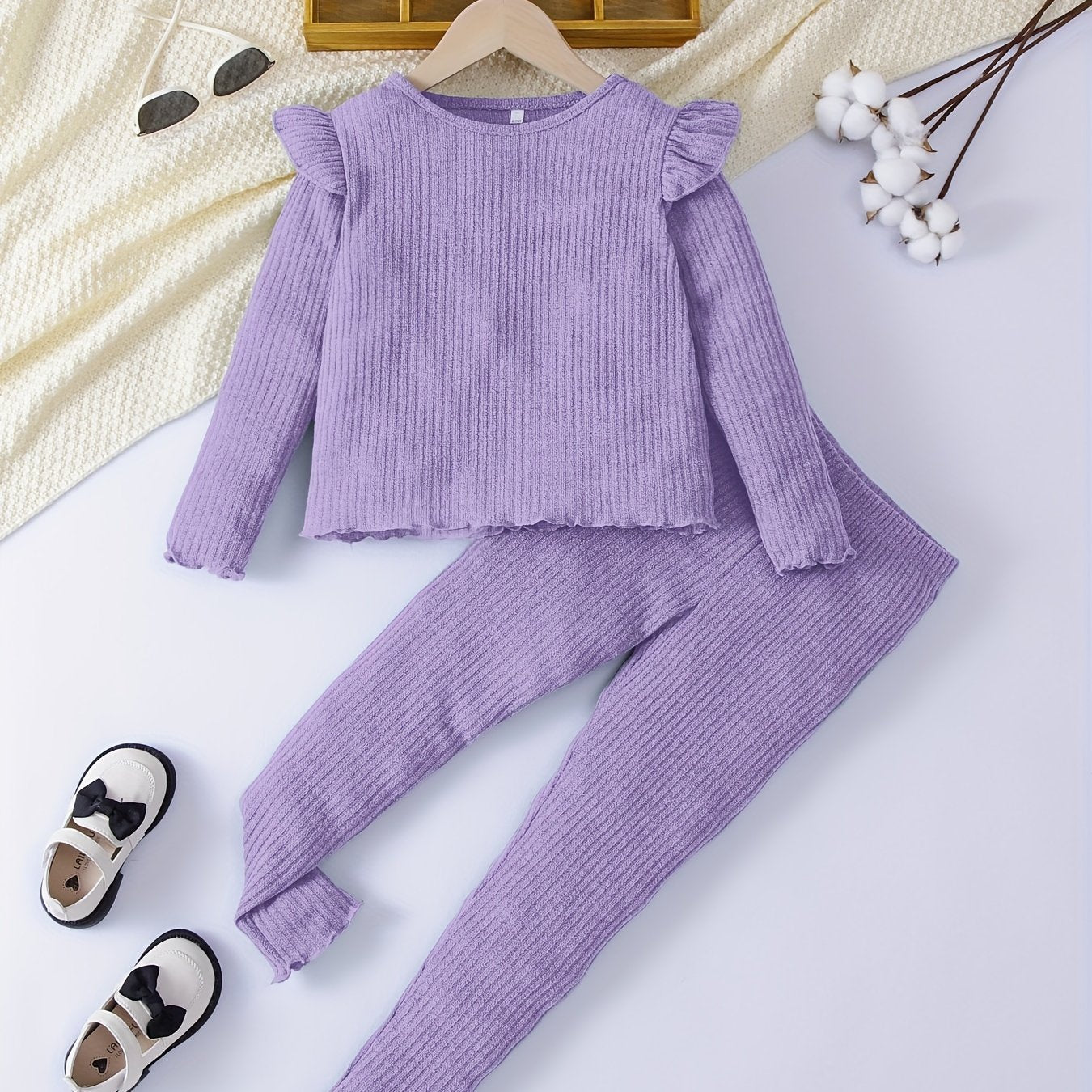 Plush - Shoulder Frill Style Ribbed Knit Basic Set - Purple