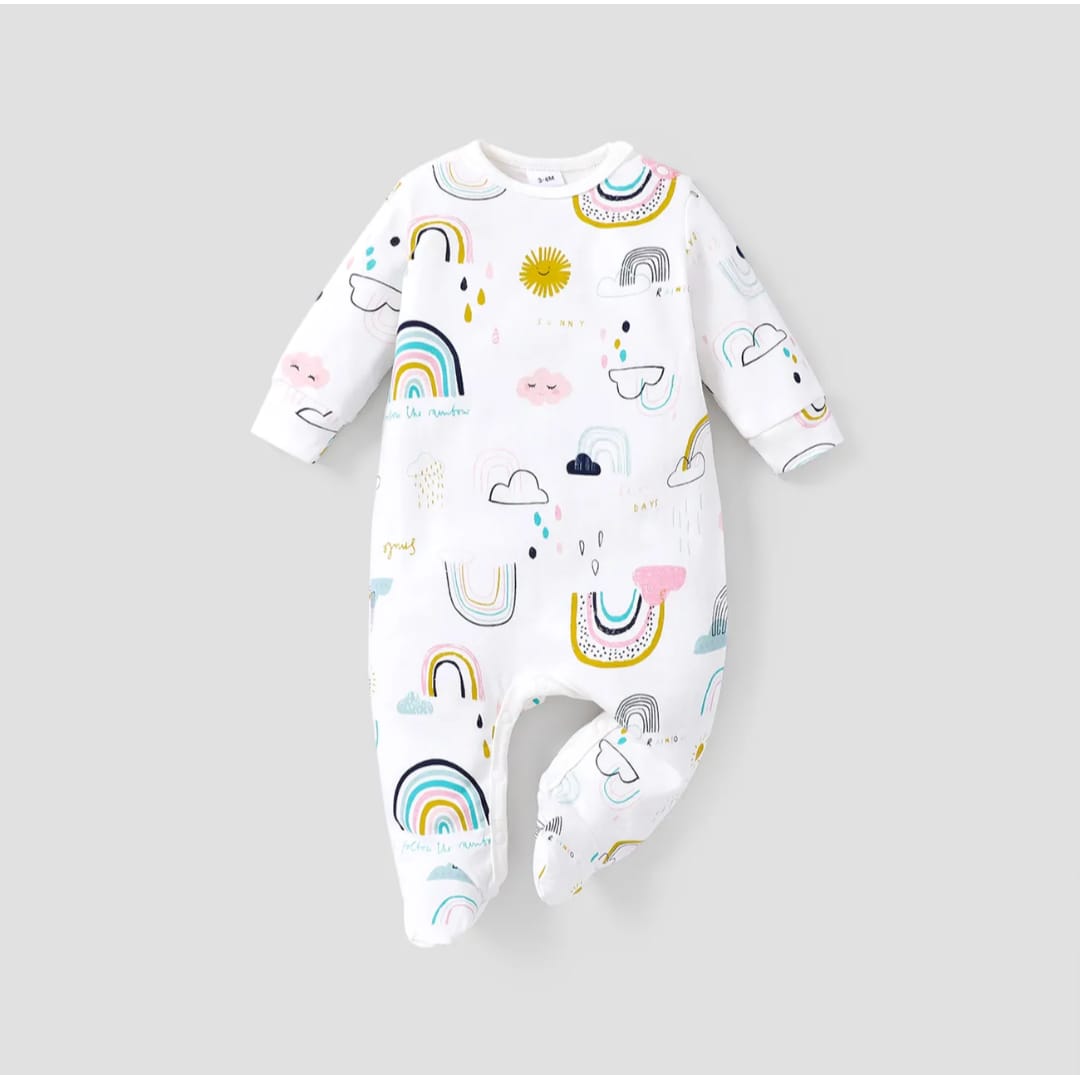 Plush-Printed Romper - Rainbow and Unicorns