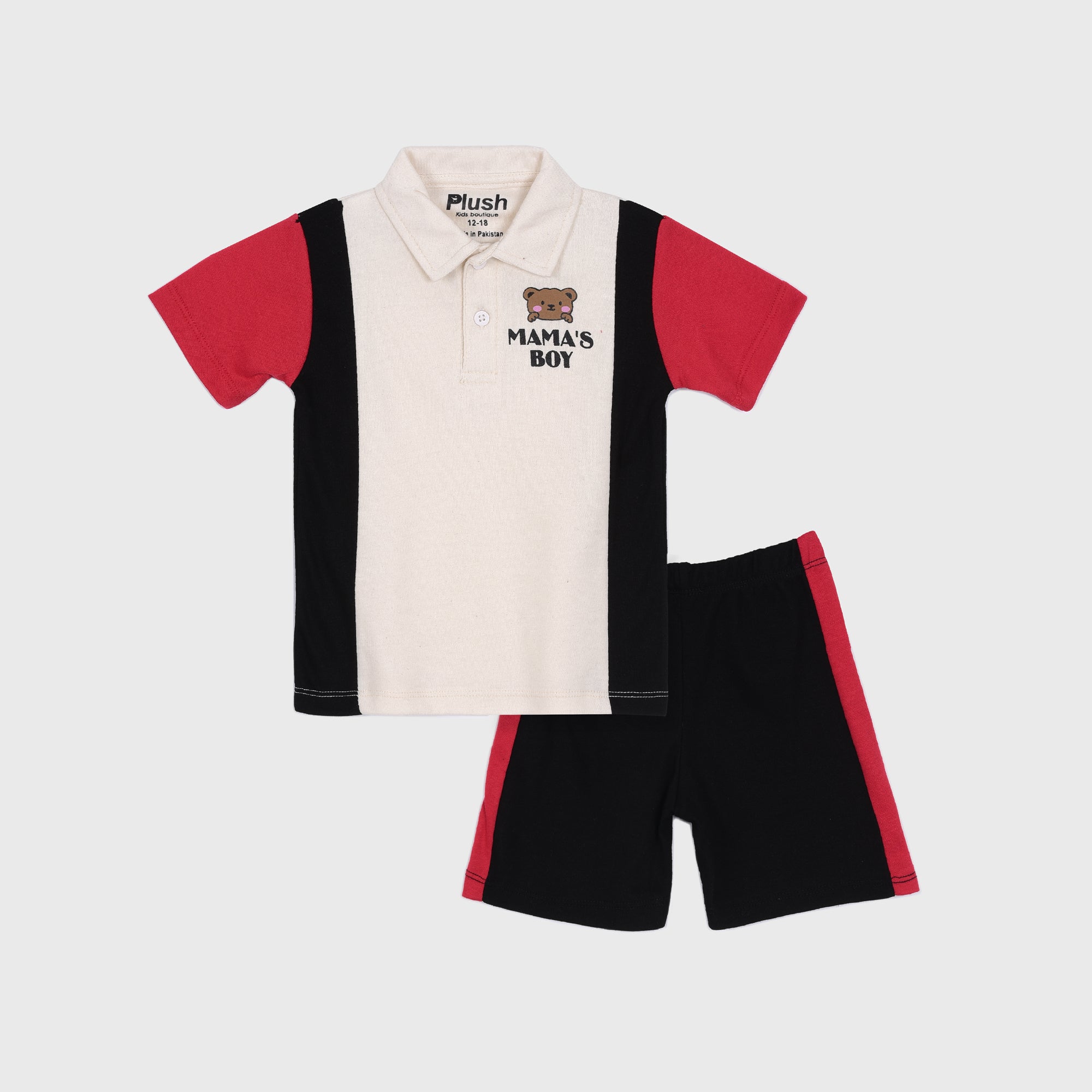 Plush-Baby Plaid Polo Shirt & Shorts-Black/Red/White