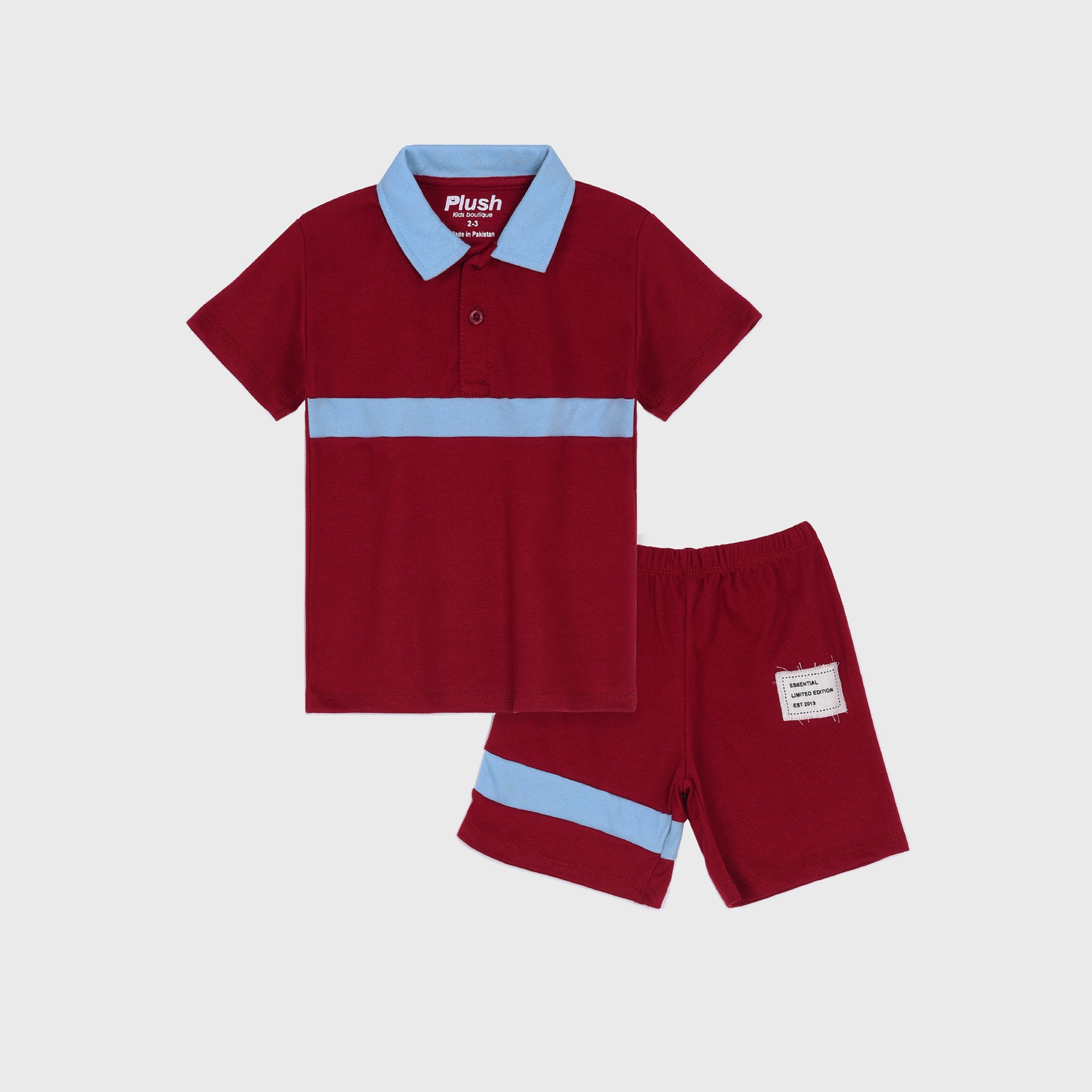 Plush-Baby Plaid Polo Shirt & Shorts-Red-Blue