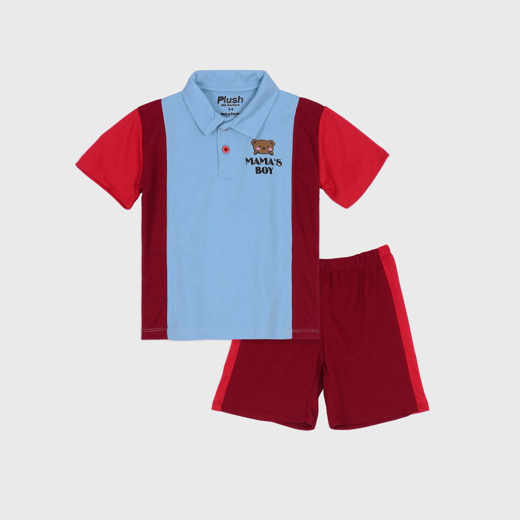 Plush-Baby Plaid Polo Shirt & Shorts-Red-Blue