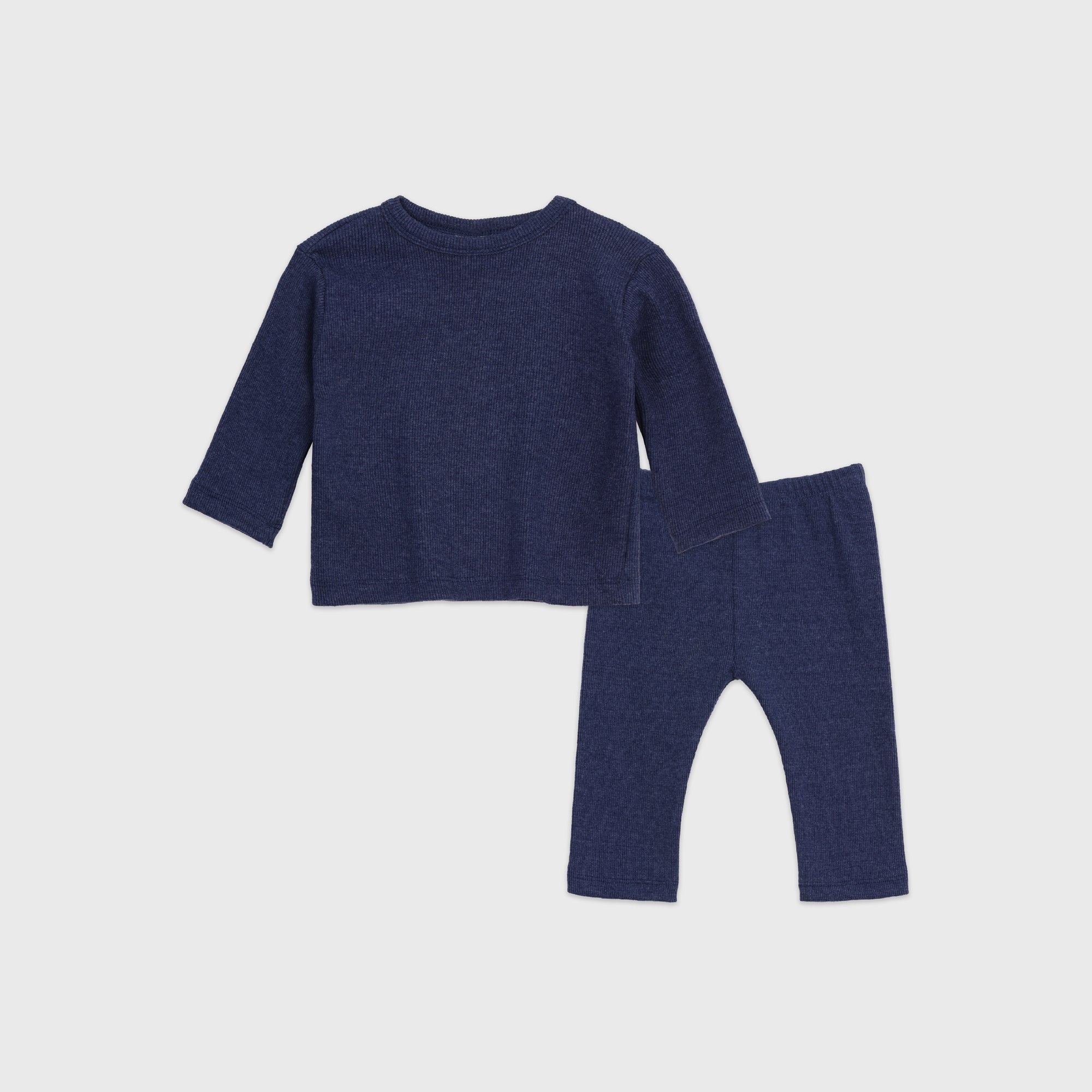Round Neck Style Ribbed Knit Sweat Set-Dark Blue