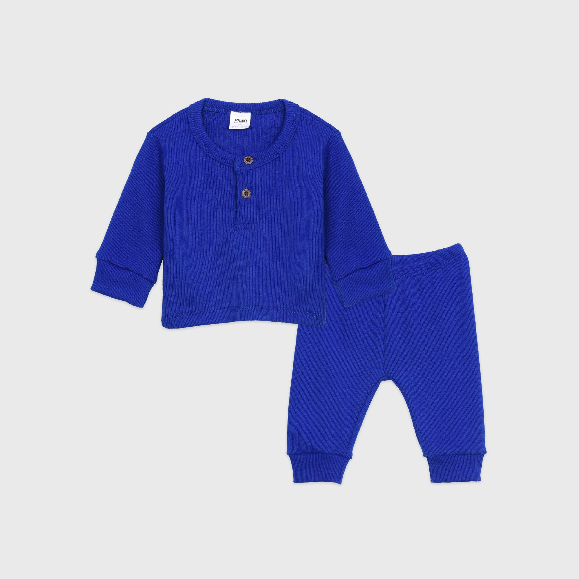 Plush Round Neck Style Ribbed Knit Basic Set - Royal Blue