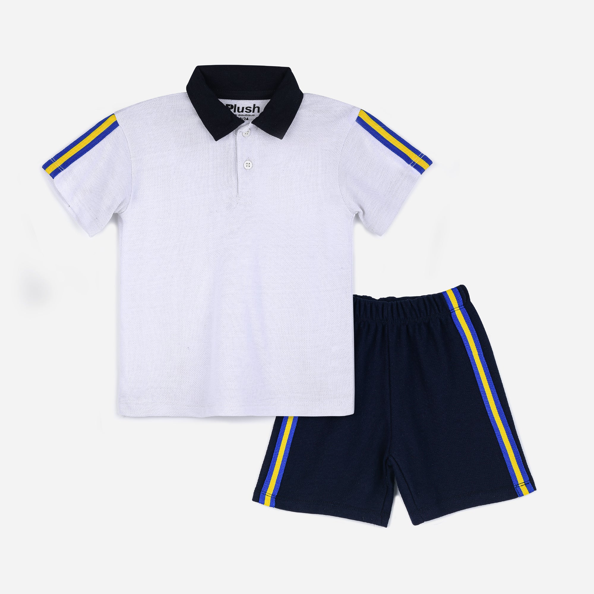 Plush-Baby Plaid Polo Shirt & Shorts-Blue/White