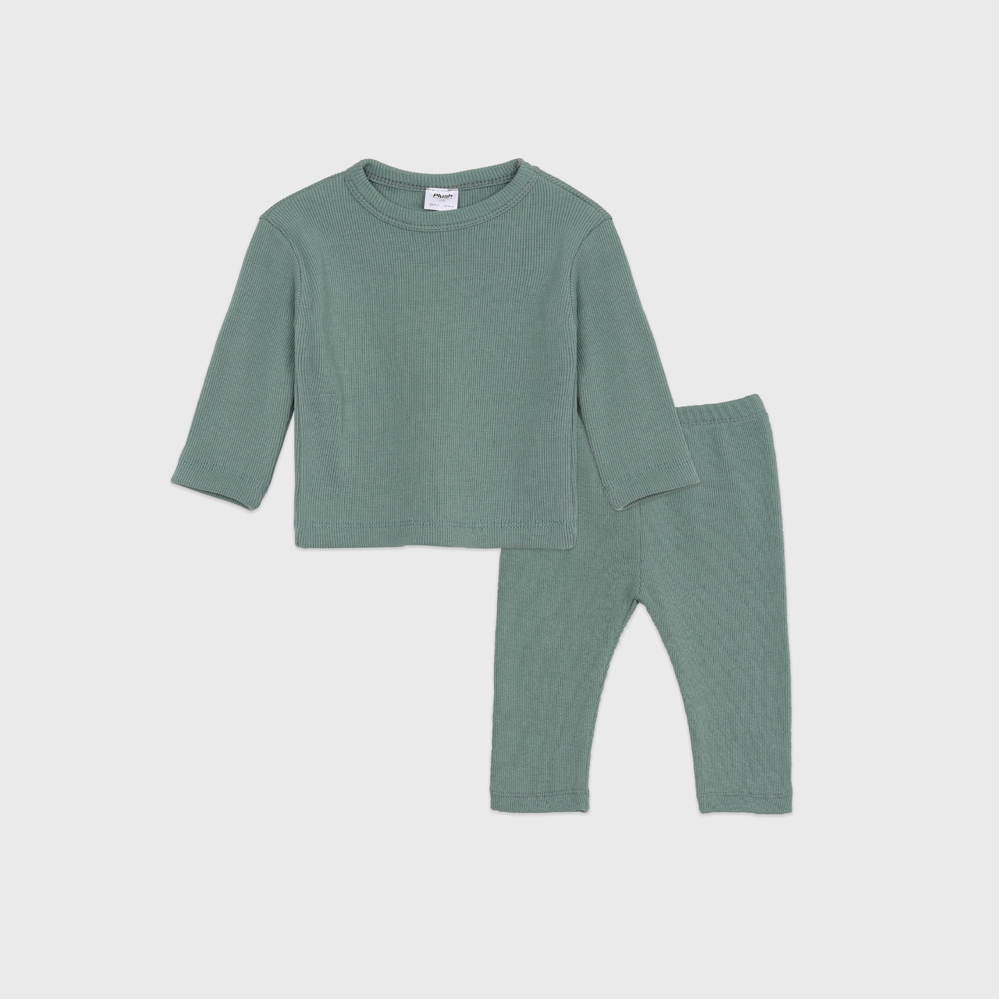 Plush Round Neck Style Ribbed Knit Sweat Set - Green