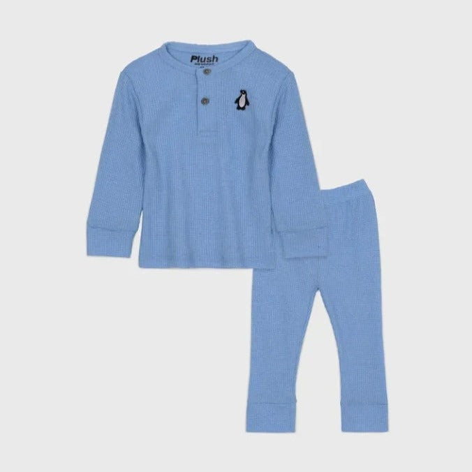 Plush-Waffle Textured Basic PJ Set-Blue