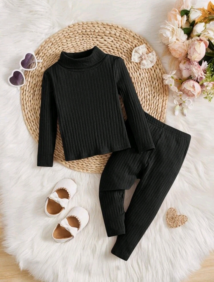 Plush High Neck Style Ribbed Knit Sweat Set - Black