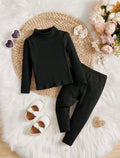 Plush High Neck Style Ribbed Knit Sweat Set - Black