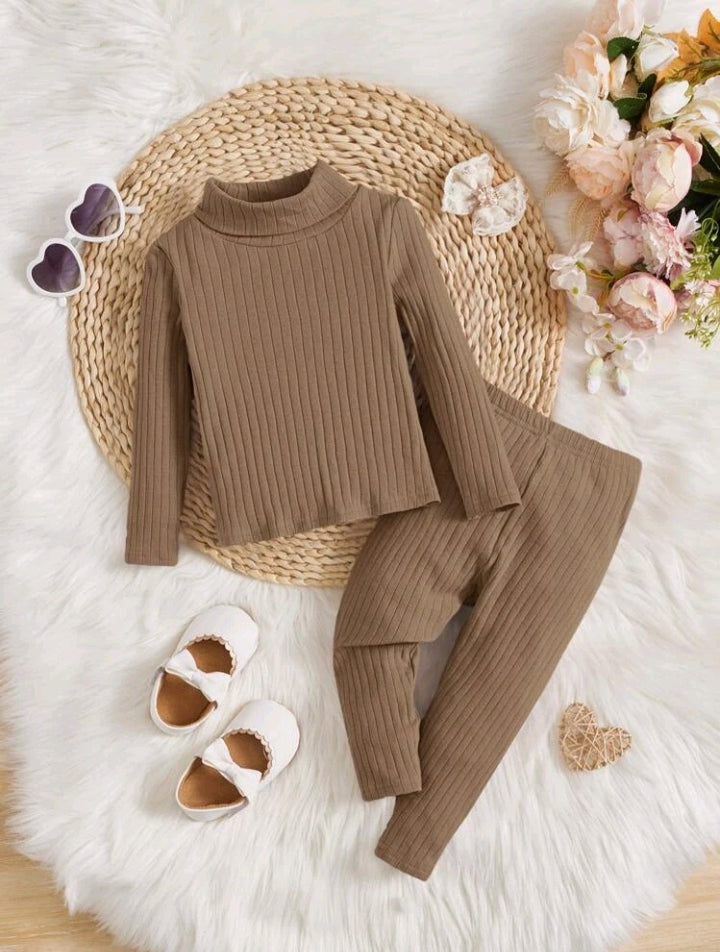 Plush High Neck Style Ribbed Knit Sweat Set - Beige